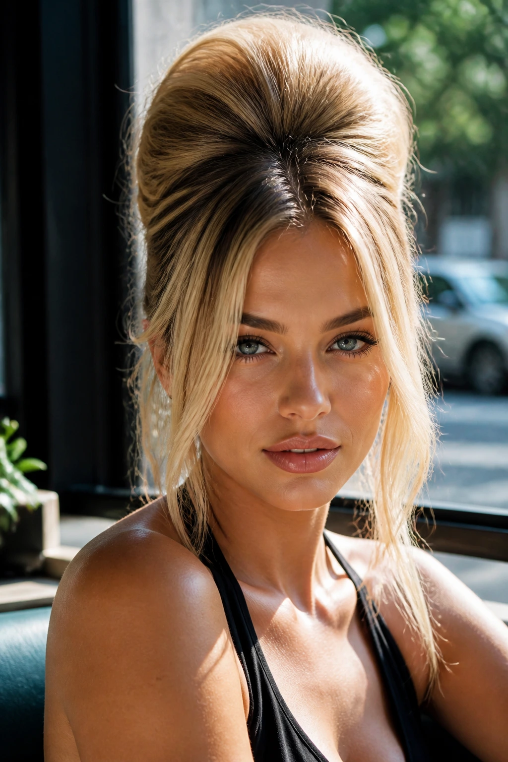 Close-up portrait of a woman with Y2K-Inspired Beehive hairstyle in natural daylight