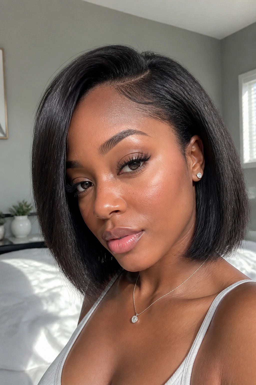 Portrait of a real woman with soft yaki straight bob