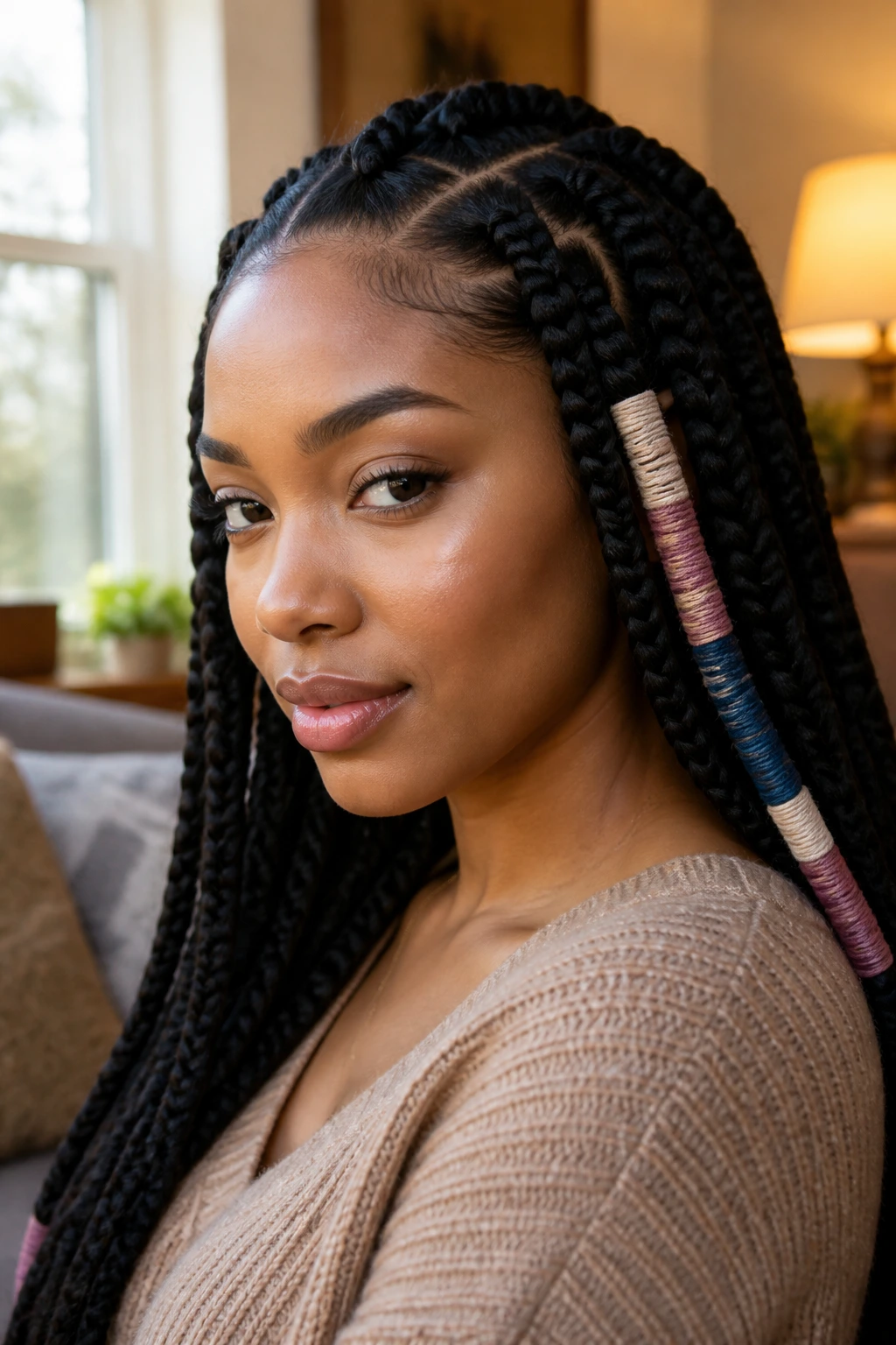 Woman with yarn-wrapped jumbo box braids close-up
