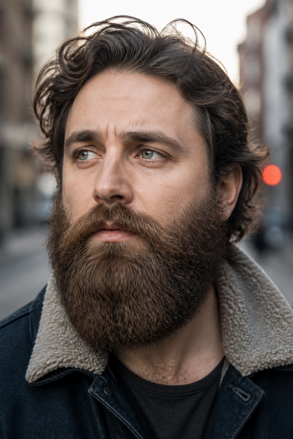 Man with full yeard beard growth in urban setting.