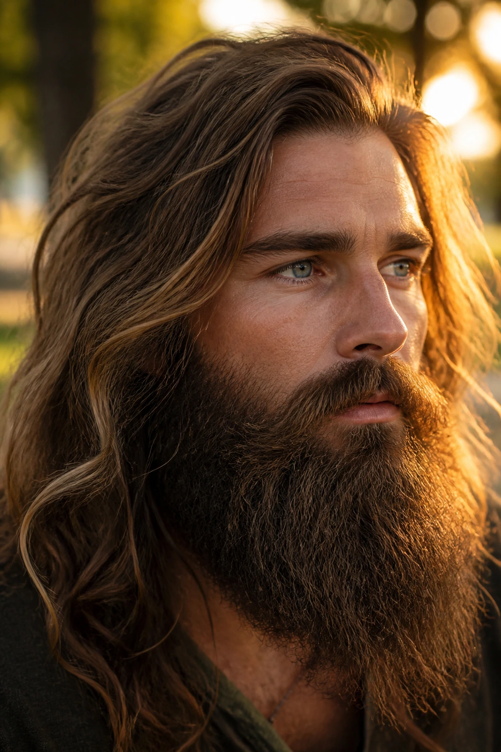 Close-up portrait of a man with a yeard beard and long hair in warm golden-hour light