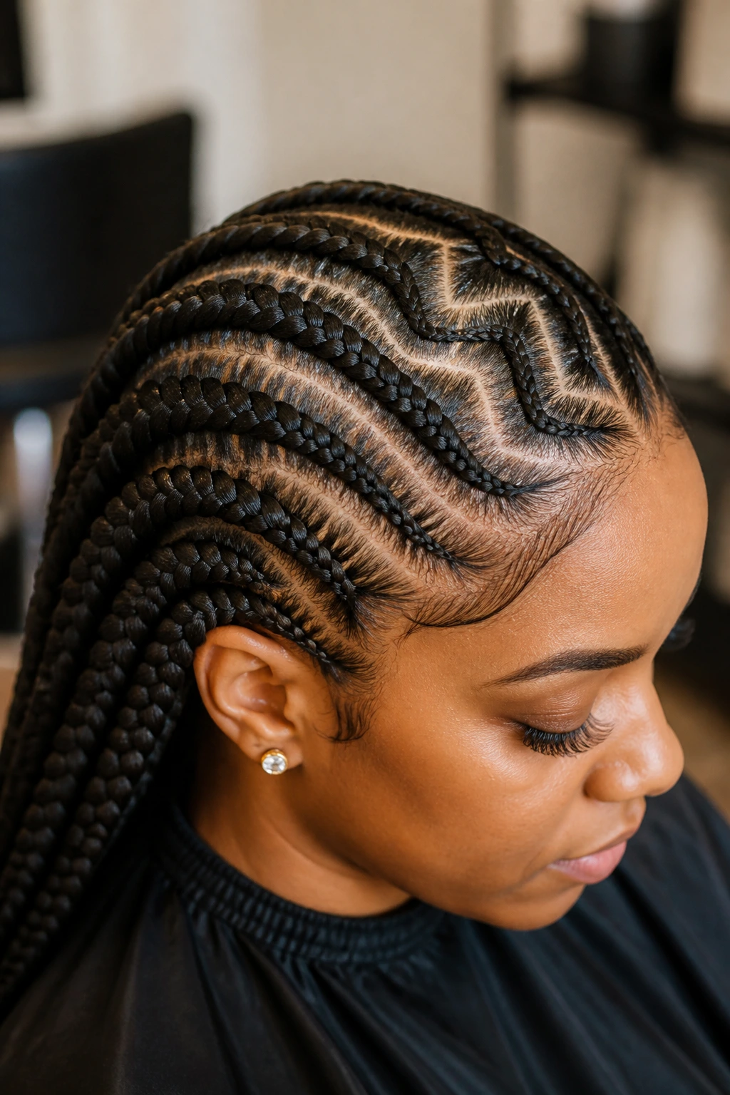 Close-up of zig-zag part feed-in braids on a real person