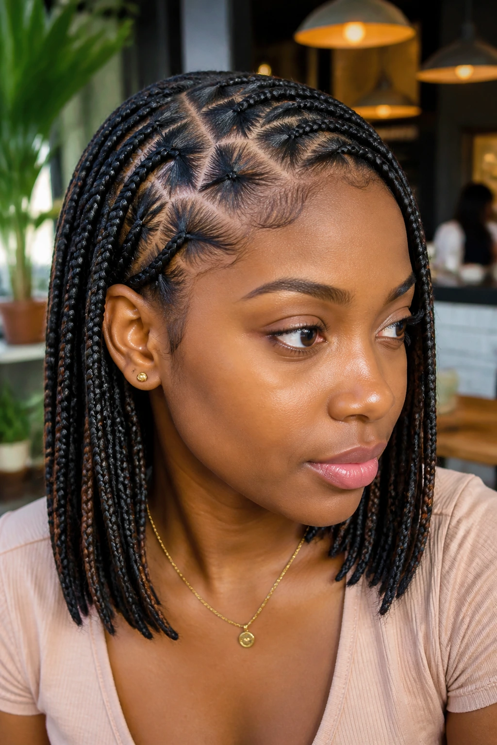Close-up of a real woman with zig-zag part braids showing zig-zag scalp lines