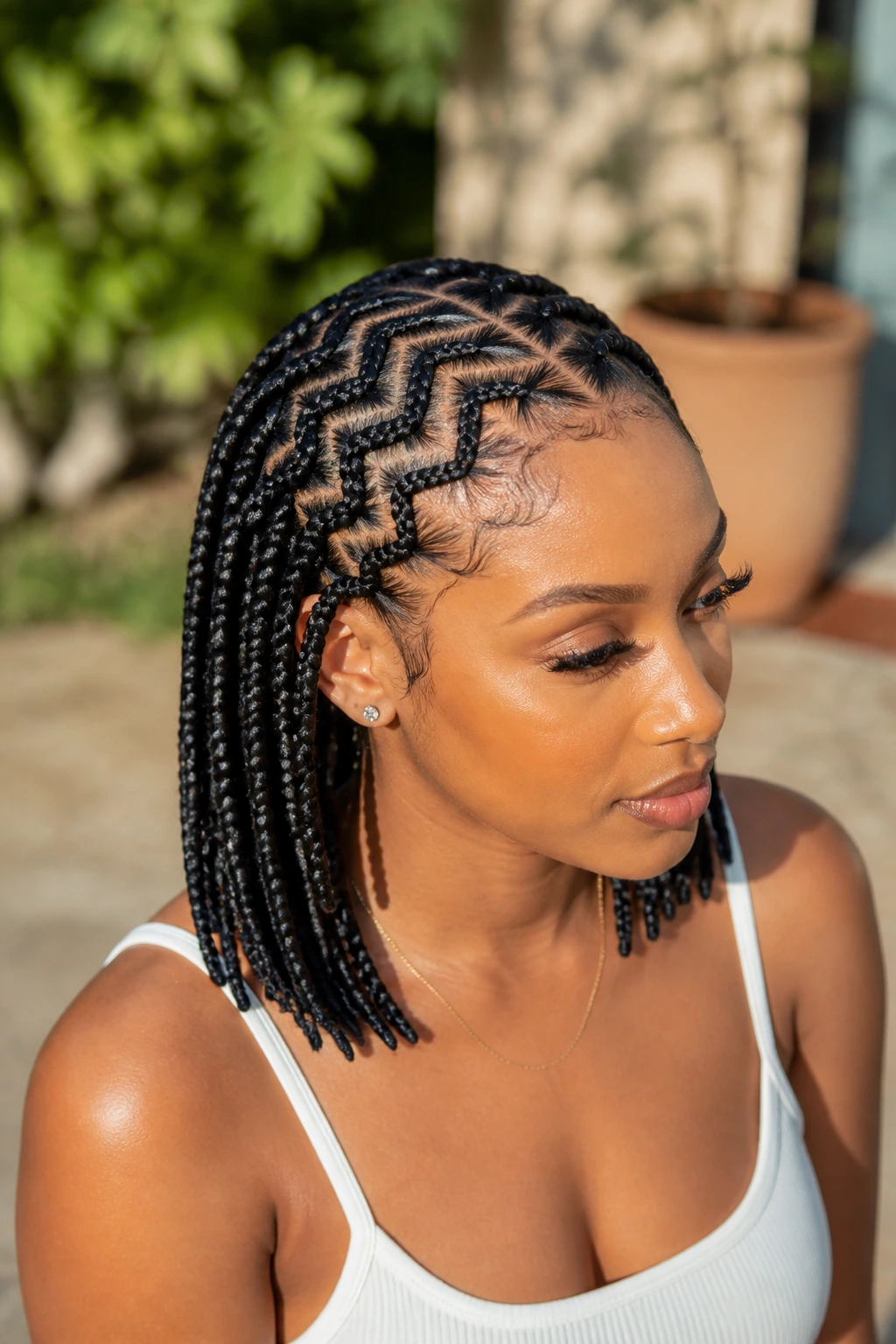 Real woman with zig-zag part feed-in braids.