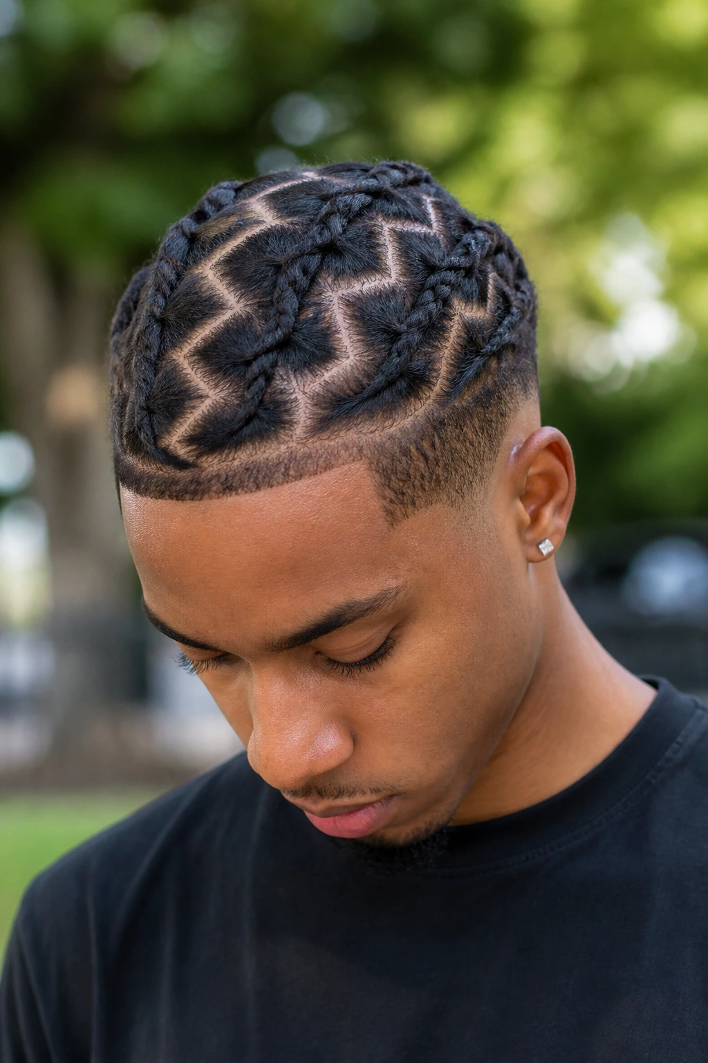 Close-up of a man with zig-zag part lines in his braid pattern