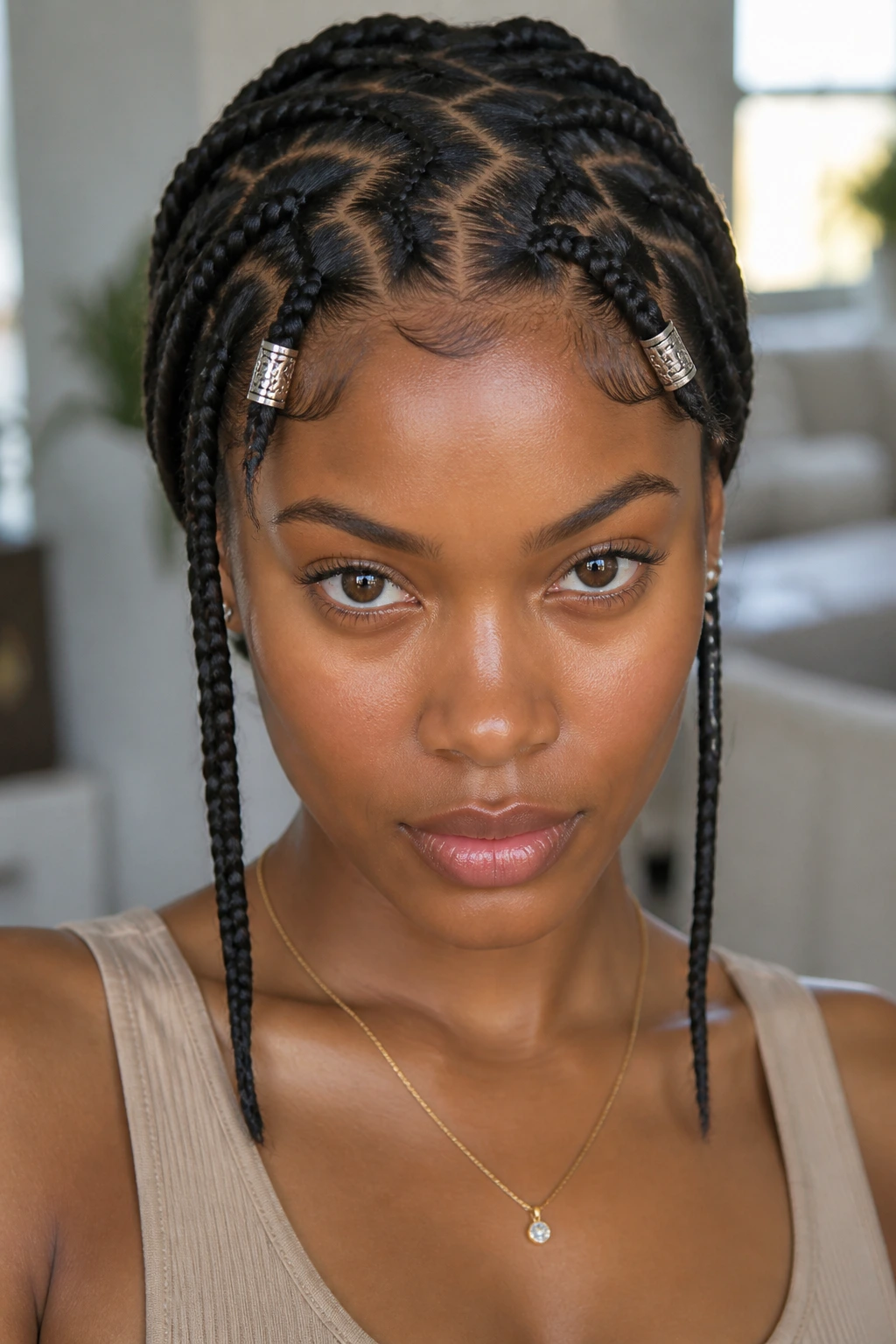 Front view of zigzag-part braids with metallic beads