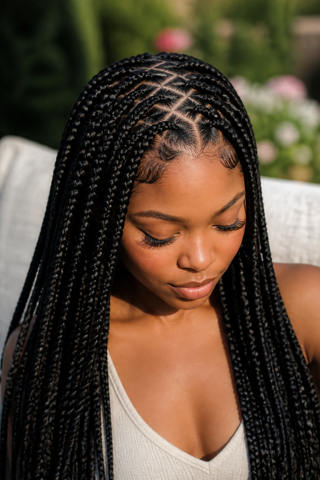 Close-up of a real woman's zigzag-part braided hairstyle with visible scalp pattern.