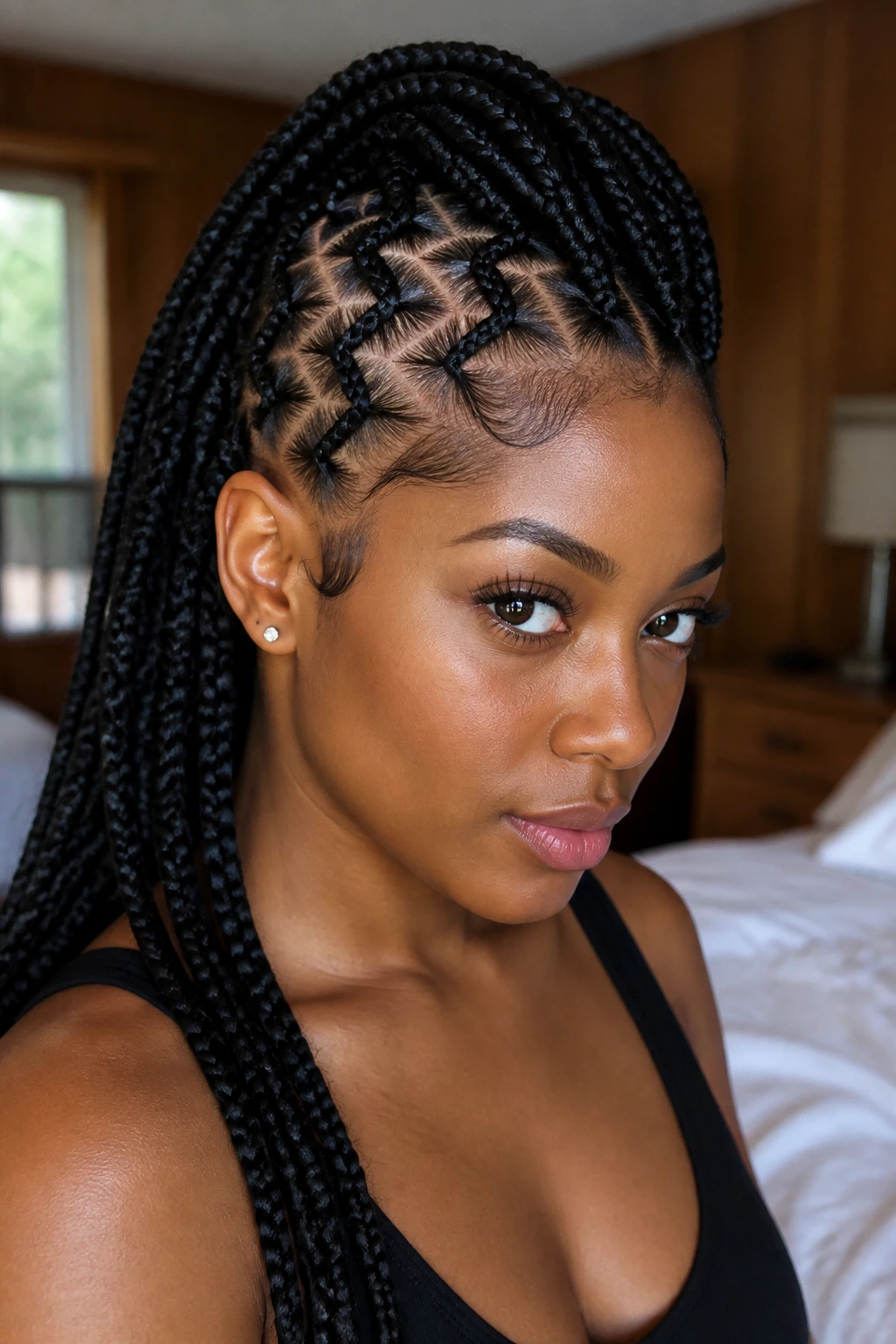 Close-up of a real woman with Zigzag Cornrow Hawk hairstyle and crisp zigzag parts.