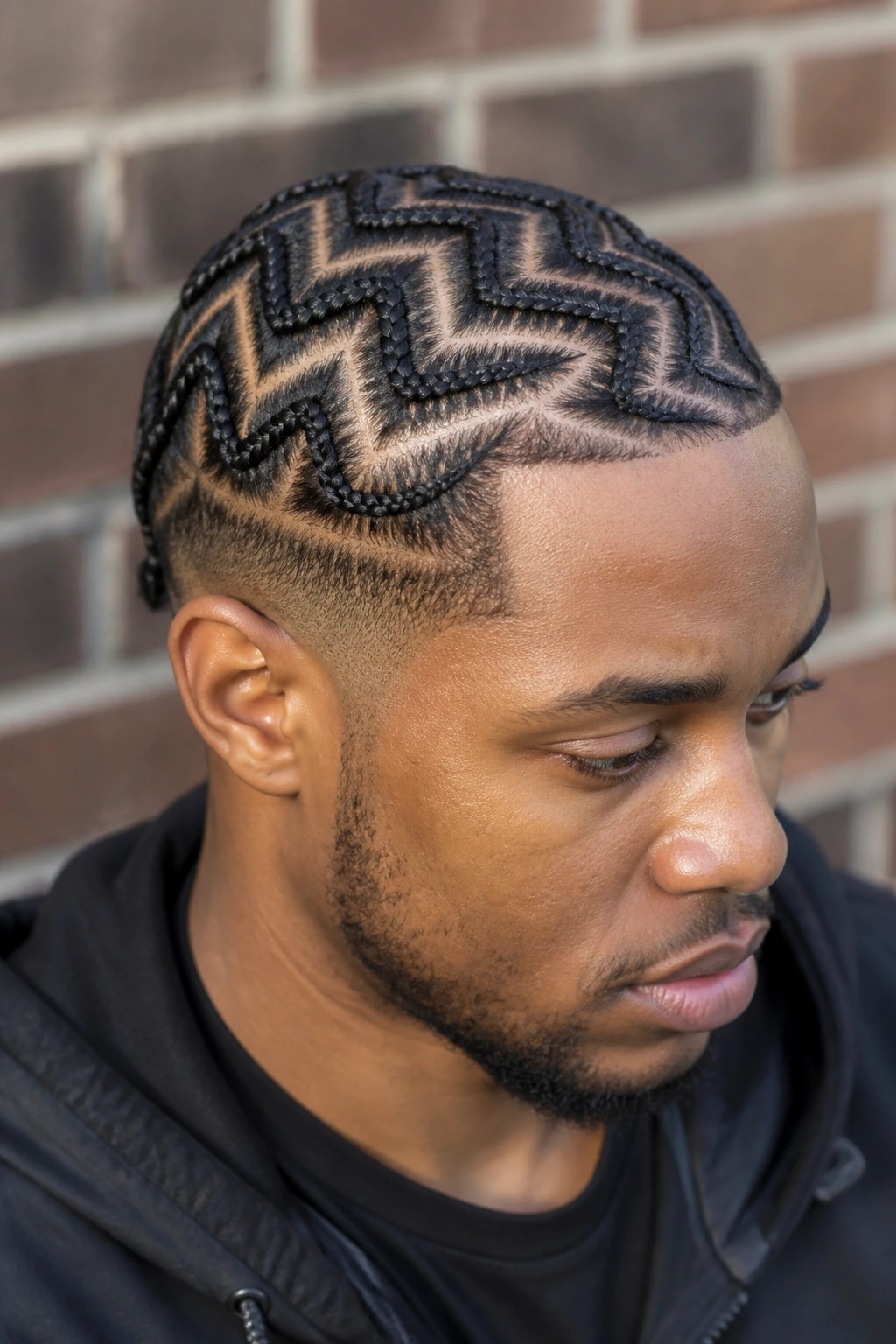 Close-up of a man with zigzag cornrows across the scalp