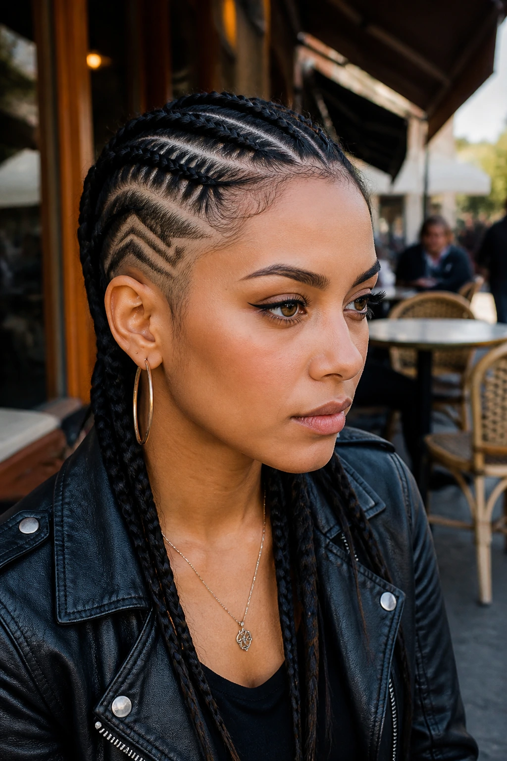 Portrait of zigzag cornrows with a graphic side shave on a real person