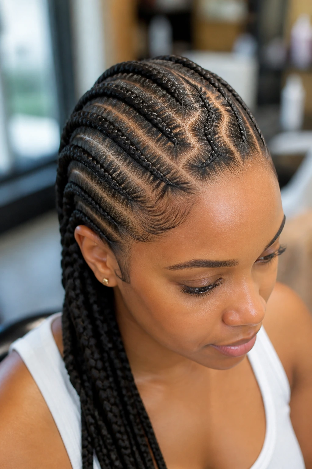 Close-up portrait of a real Black woman with zig-zag part cornrows and a natural salon background