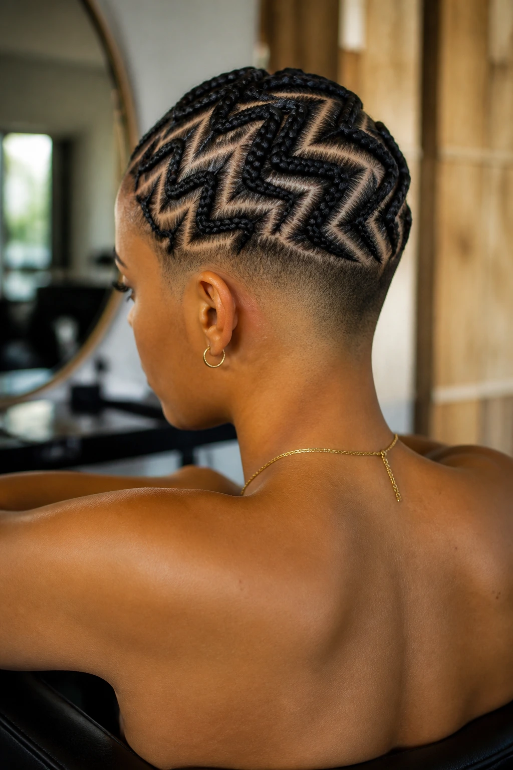 Close-up of zigzag cornrows with a shaved back on a real person