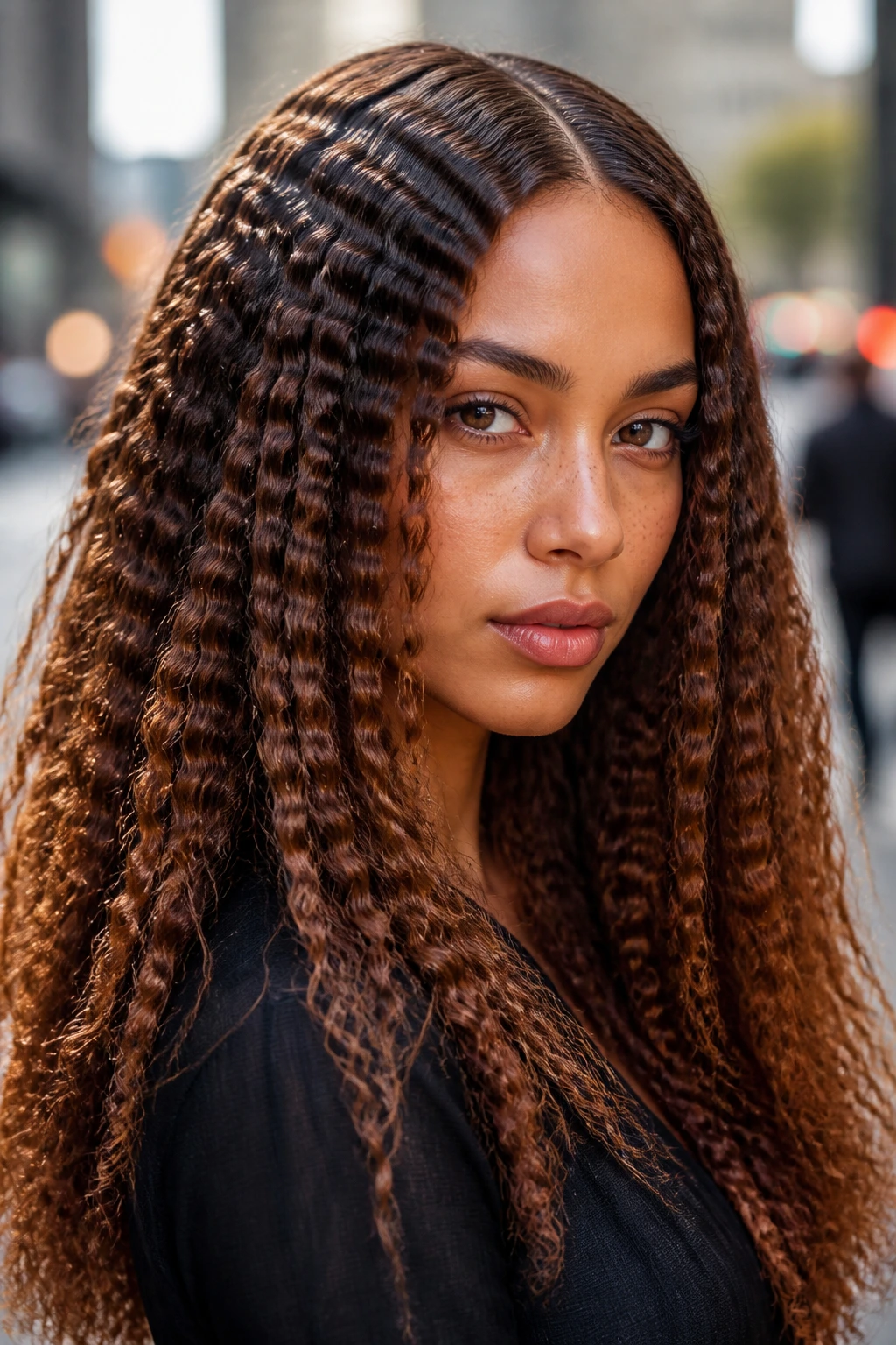 Close-up of crimped hair in bold zigzag with single-part style outdoors