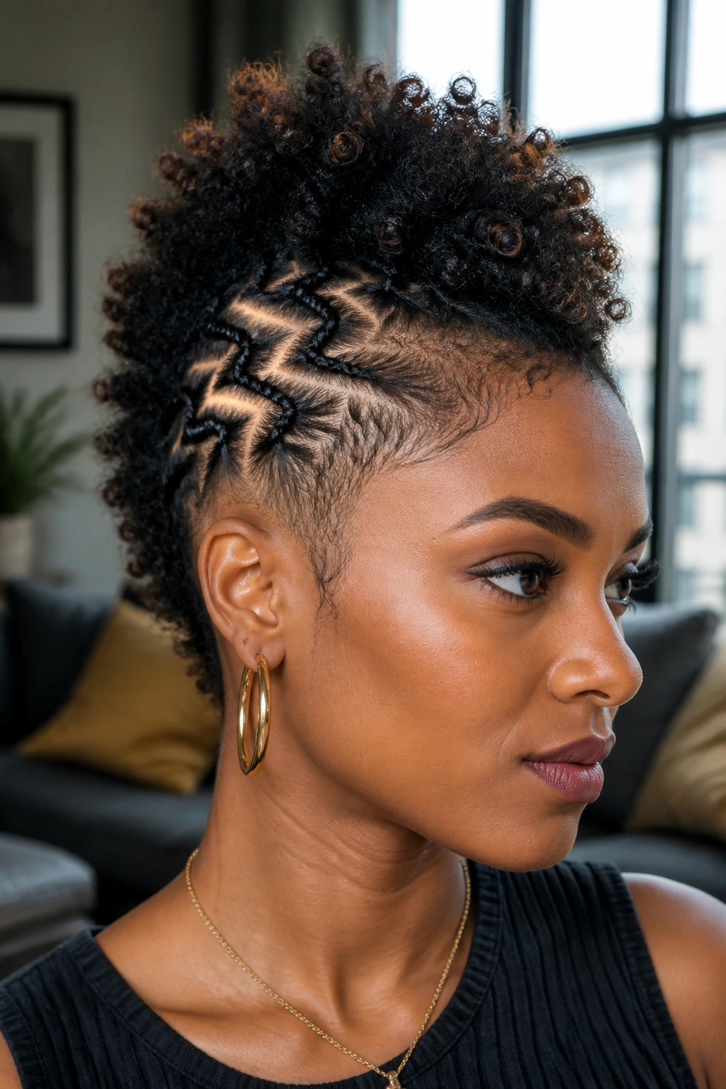 Close-up portrait of a real Black woman with a zigzag-part hawk hairstyle