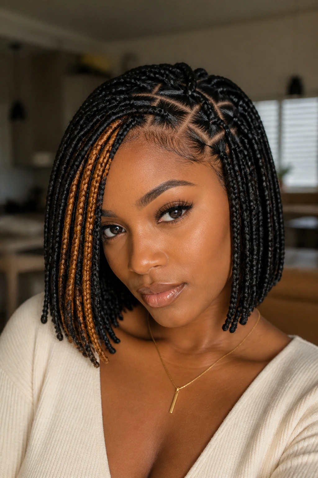 Bob braids with zigzag part and color accent on a real person