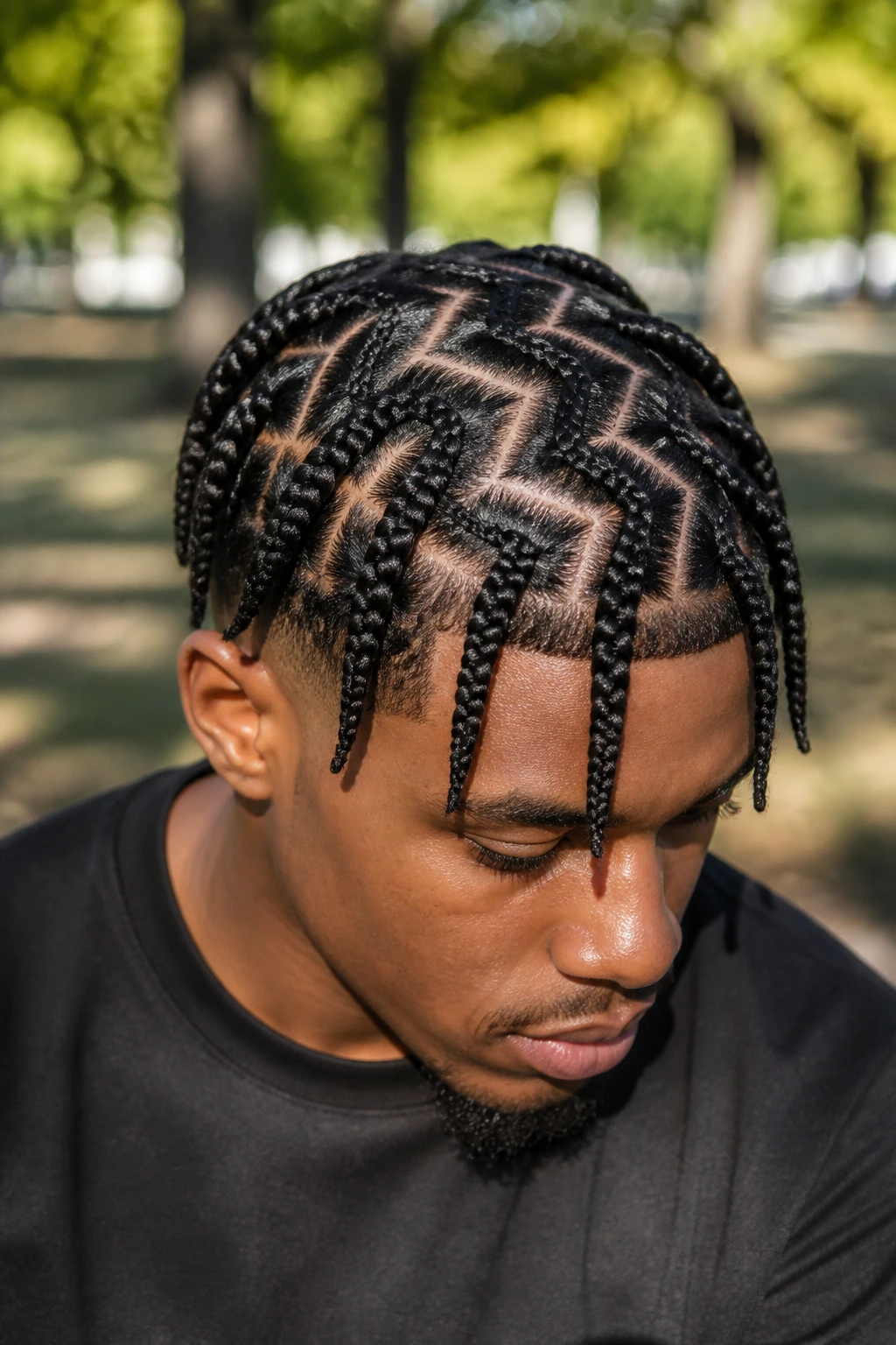 Real man with zigzag-part box braids portrait in park