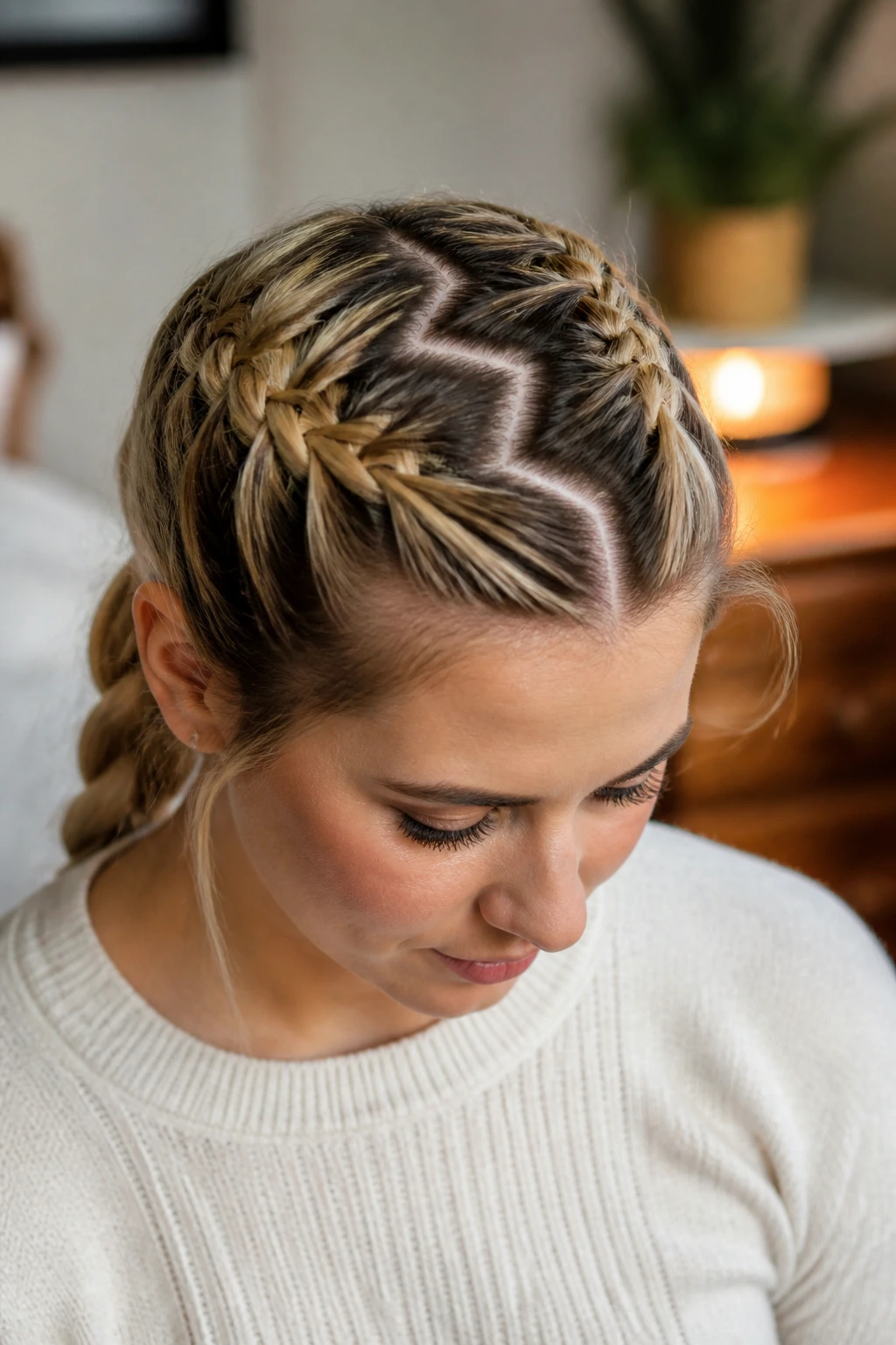 Close-up of a real woman showing a zigzag part and a French braid