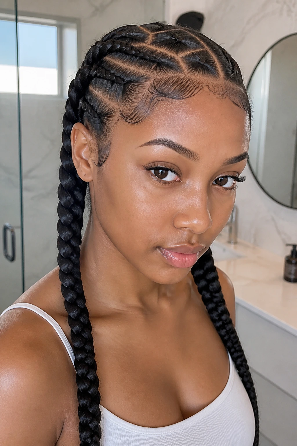 Close-up portrait of a real woman with zig-zag part braids visible from the front and side