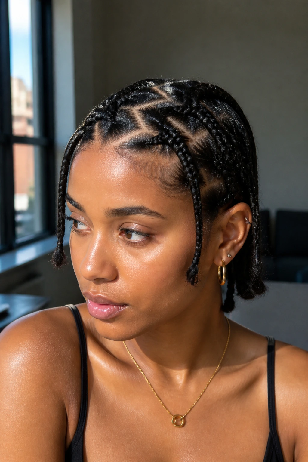 Close-up of a real person with a zigzag part and small braids on a straight bob