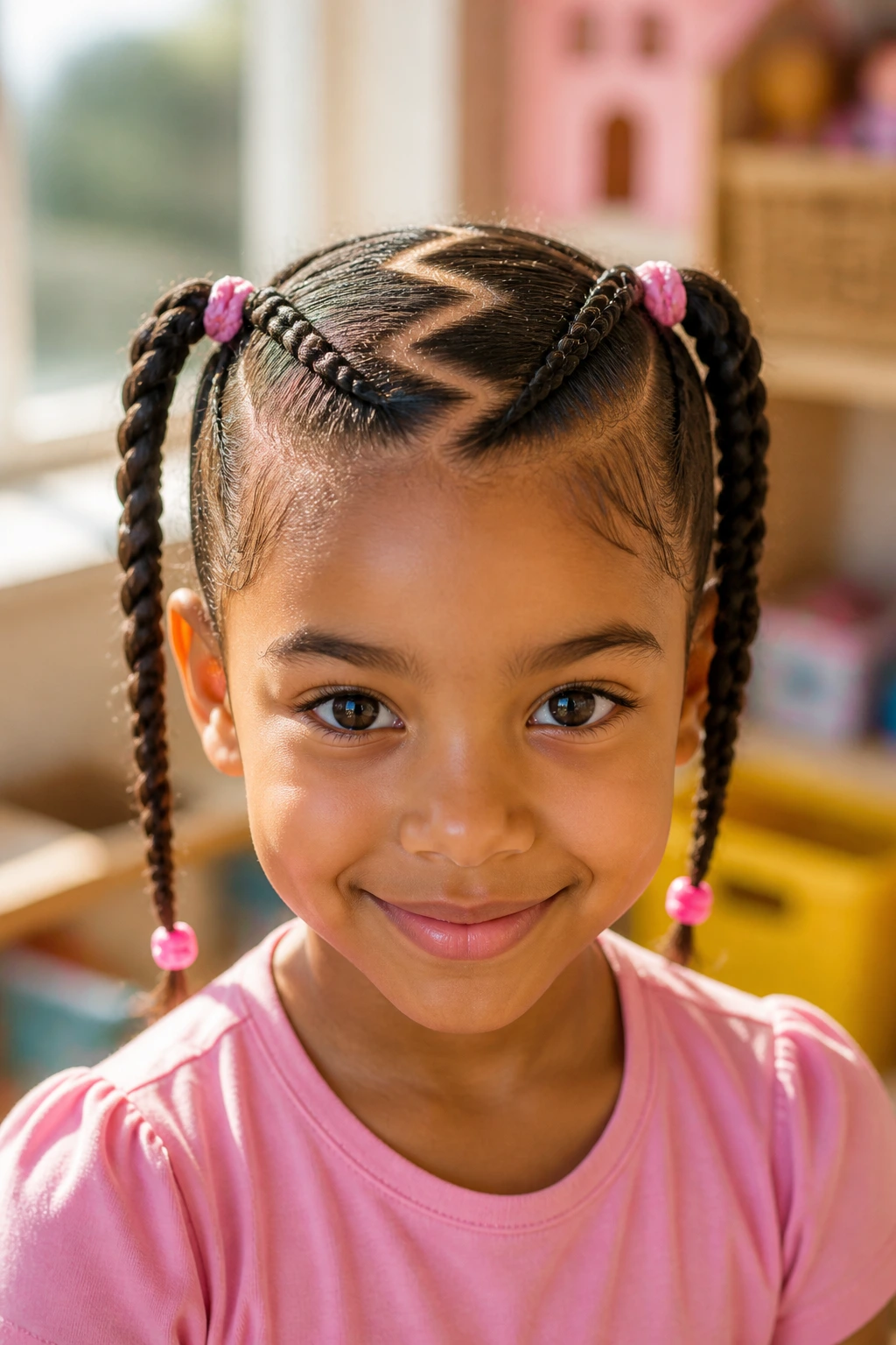 Close-up of a real child with a zigzag part and braids.