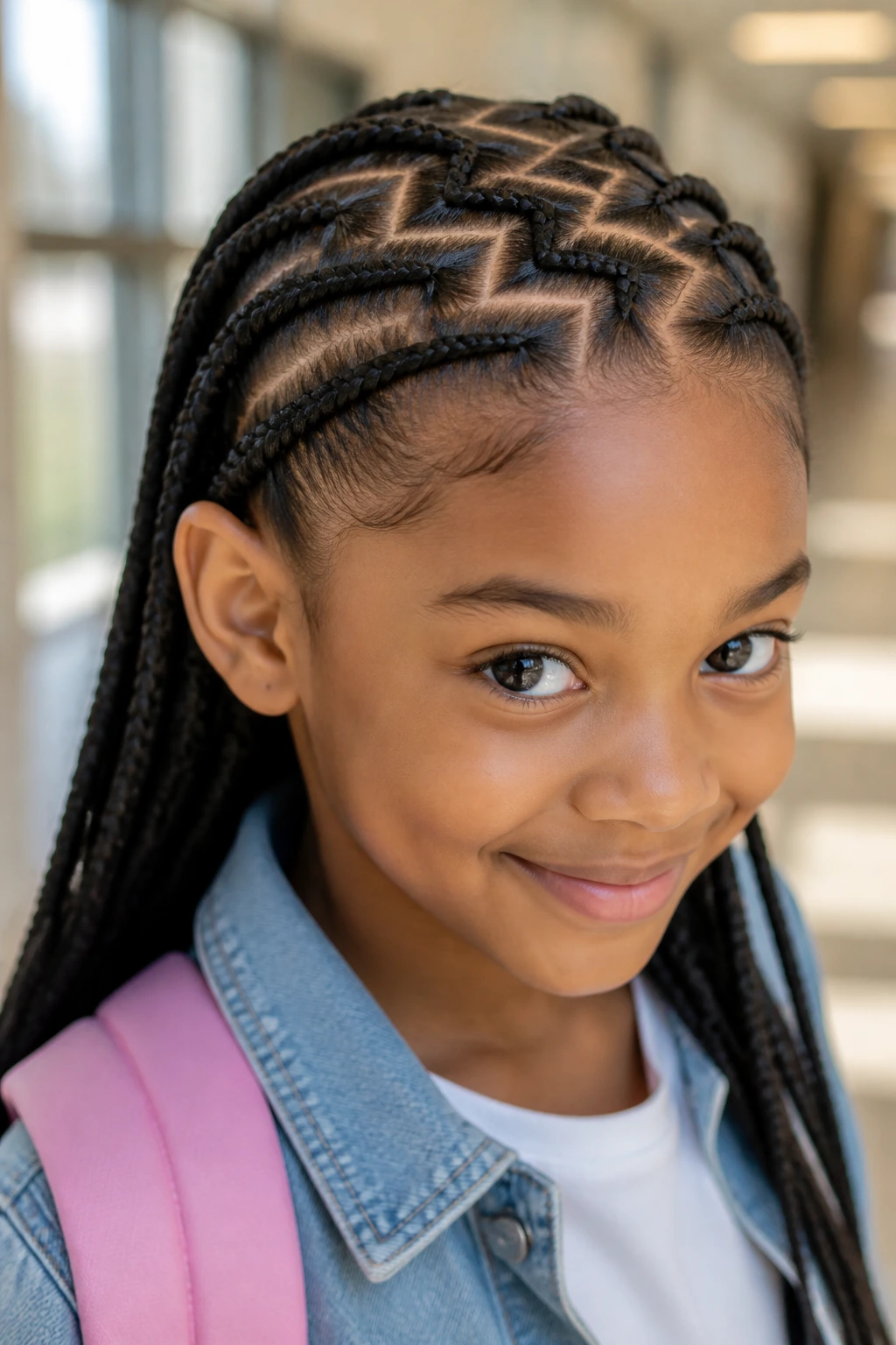 Portrait of a child with zigzag-part braids in a school hallway
