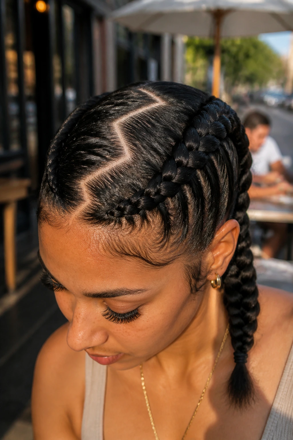Close-up of a real woman's head with zigzag-part braids in two pigtails.