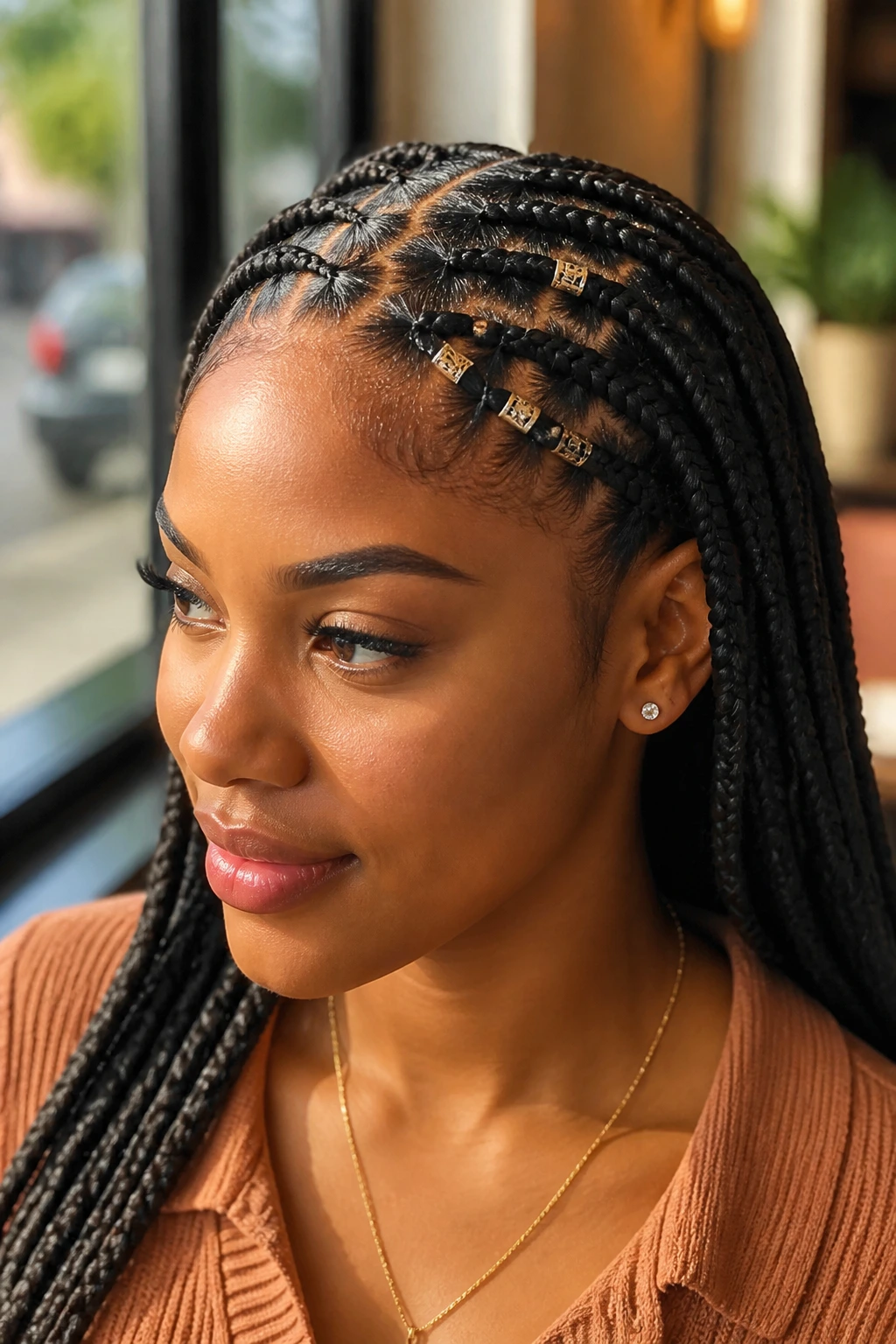 Real person with zigzag-part braids and metallic beads near the front