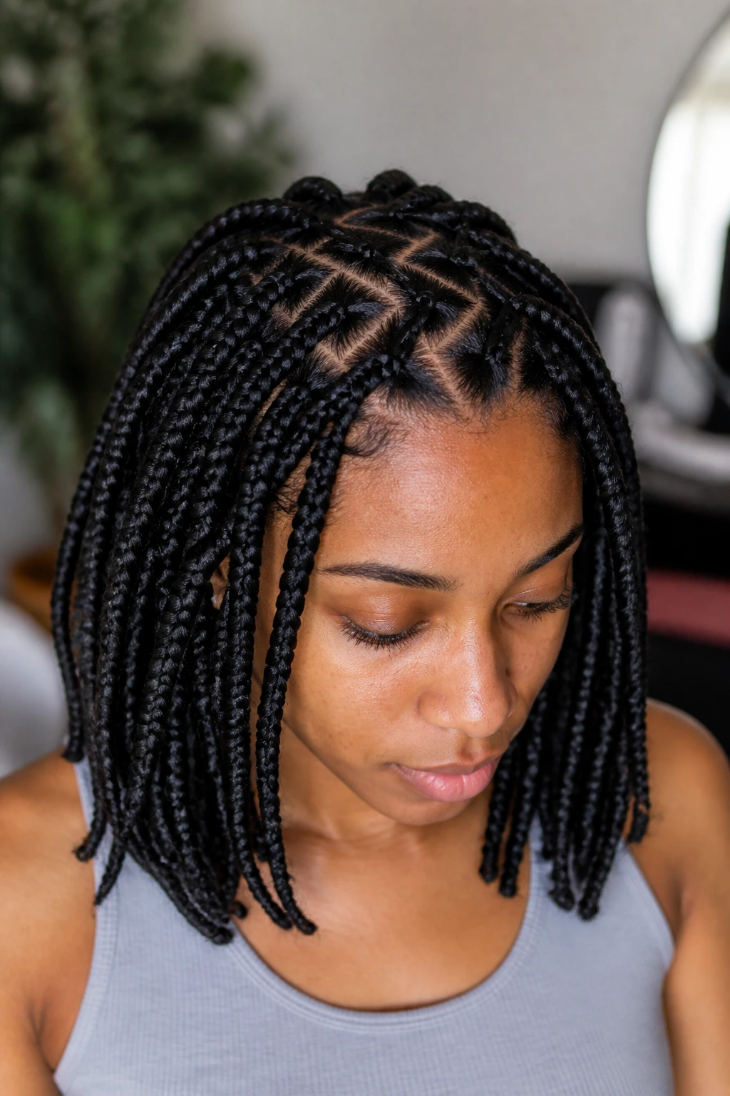 Close-up of real woman with zigzag-part box braids.