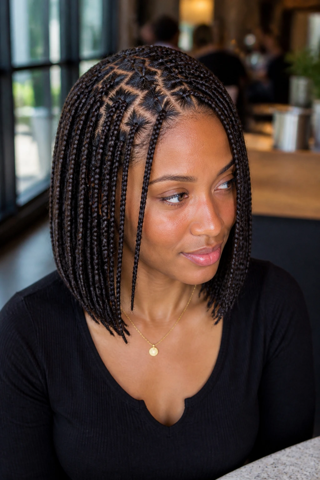 Portrait of a real woman with zigzag-part box braids showing scalp pattern in a cafe