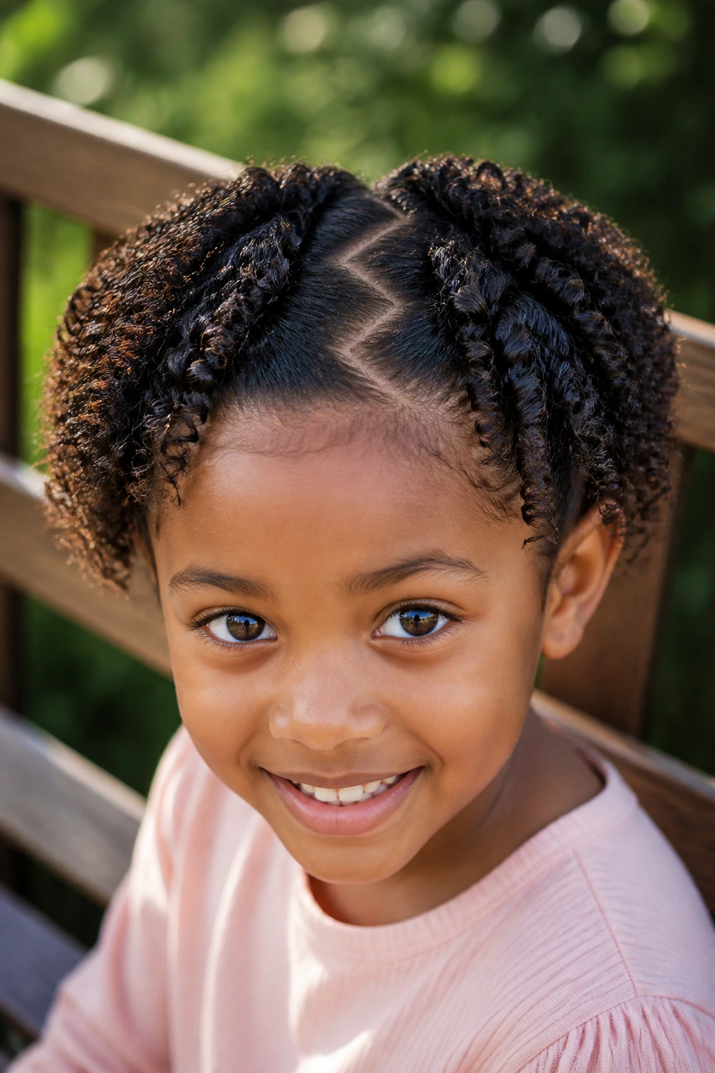 Portrait of a girl with a zigzag part and defined coils
