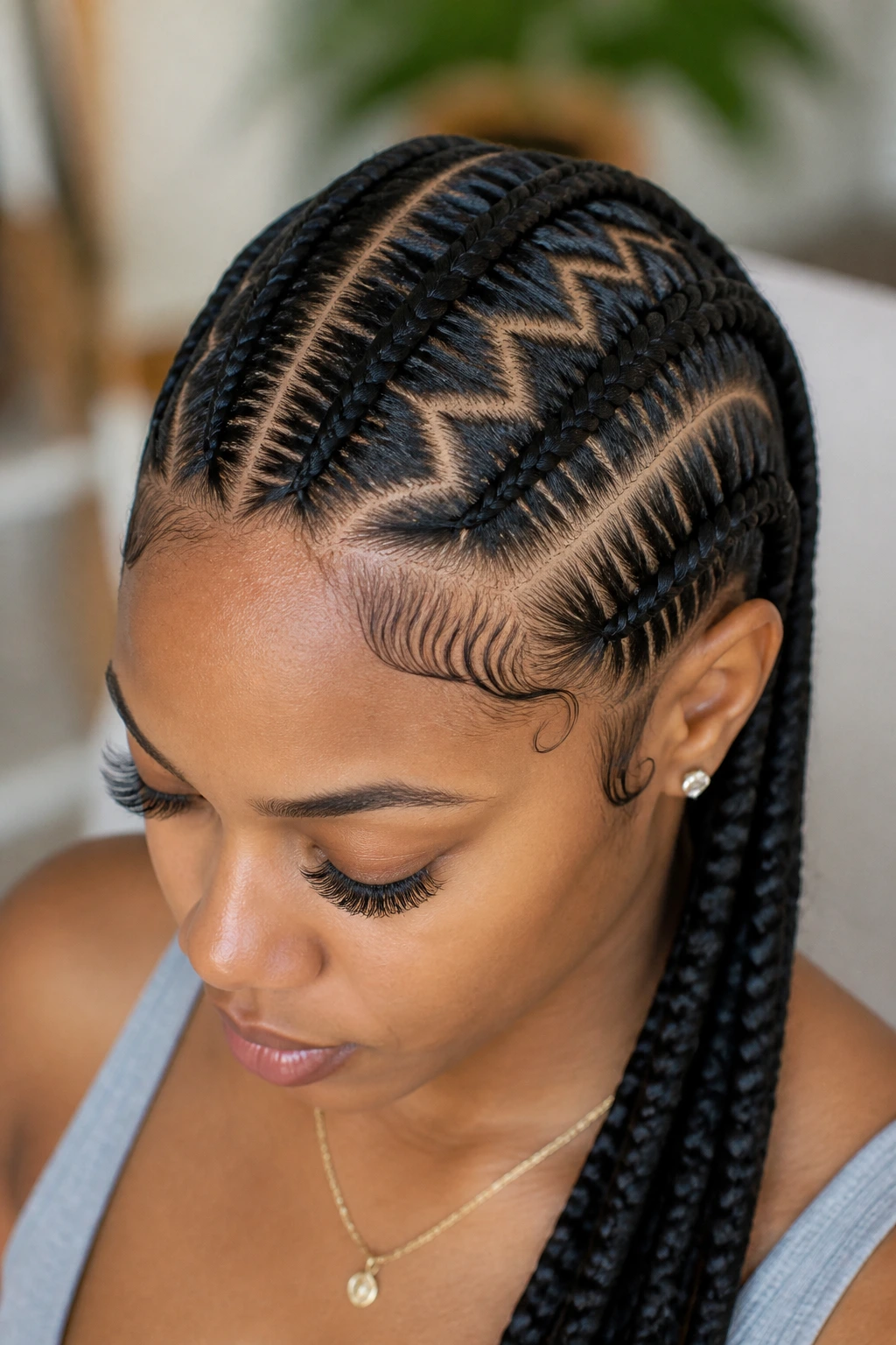 Close-up of zigzag-part cornrows on a real woman.