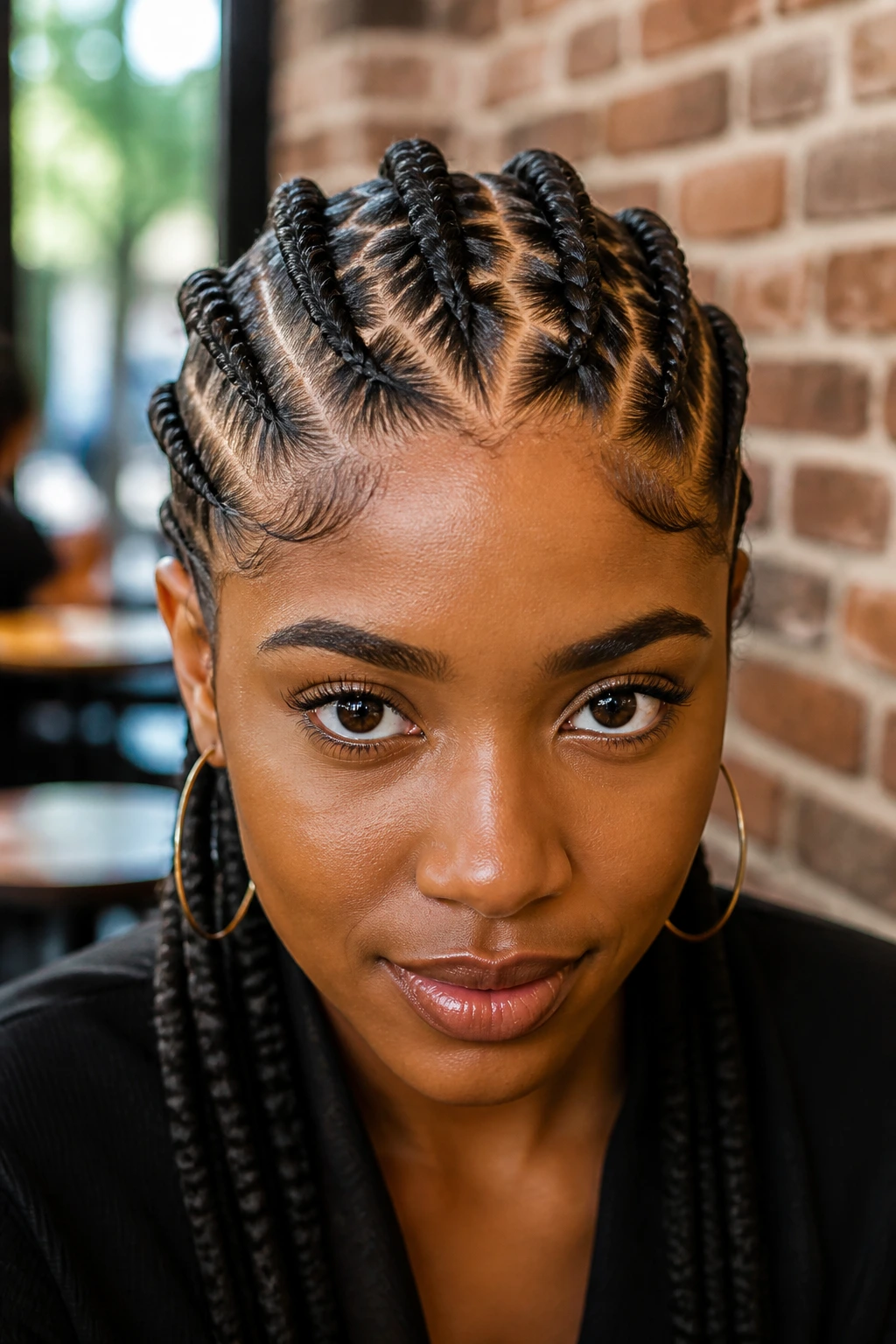 Person with bold zigzag-part cornrows in cafe setting.