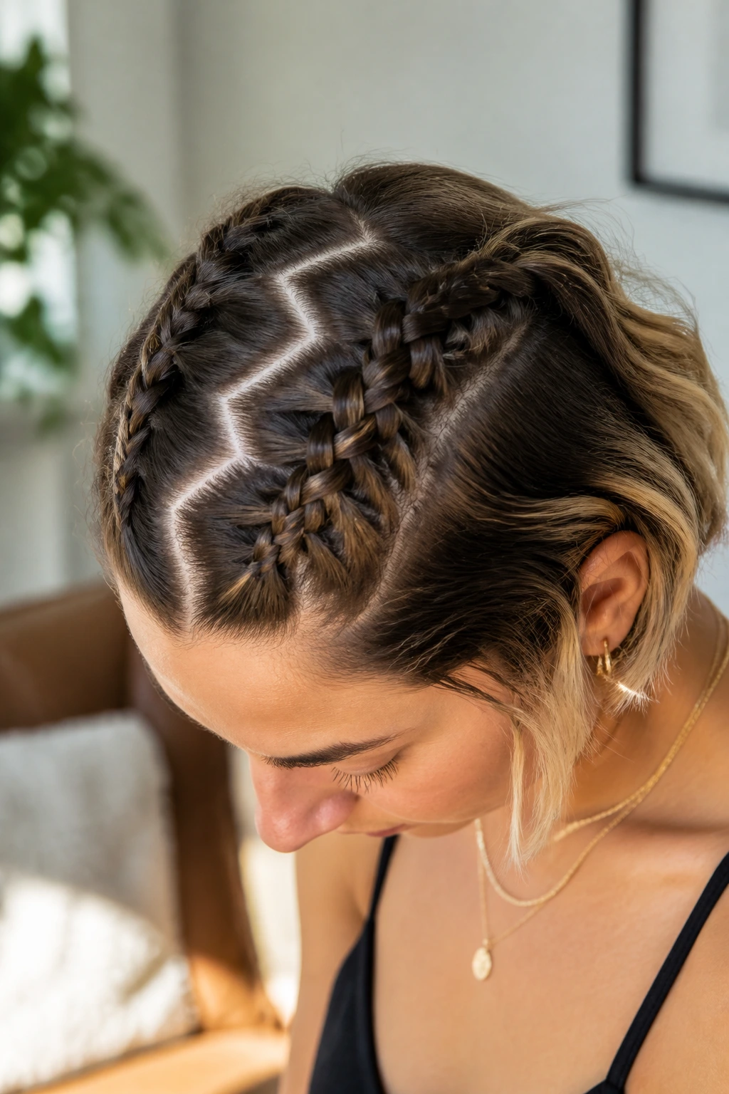 Close-up of a real person with a zigzag-part French braid on fine hair