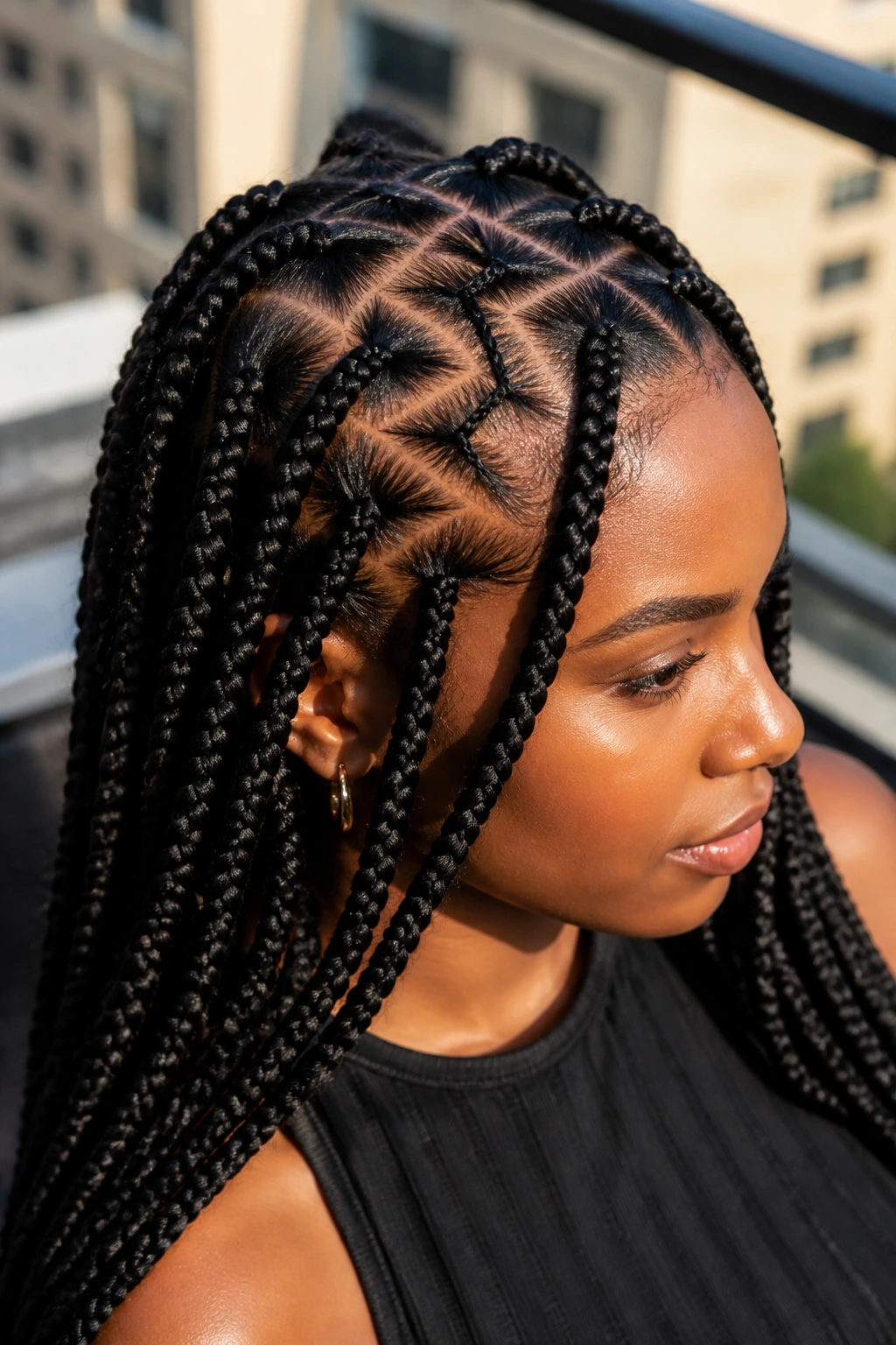Close-up portrait of a real woman with zigzag-part goddess braids on the scalp