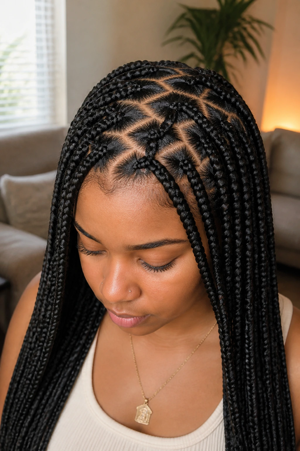 Close-up of zigzag-part grid on scalp with long box braids