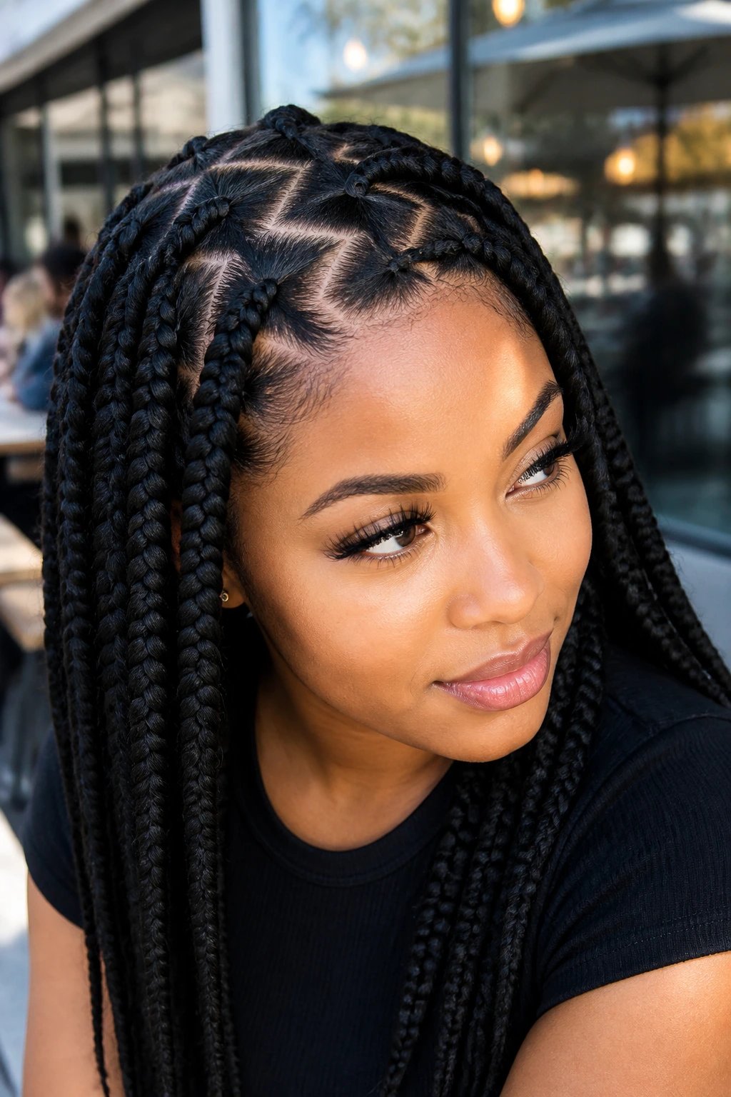 Real woman with zigzag-part jumbo box braids.