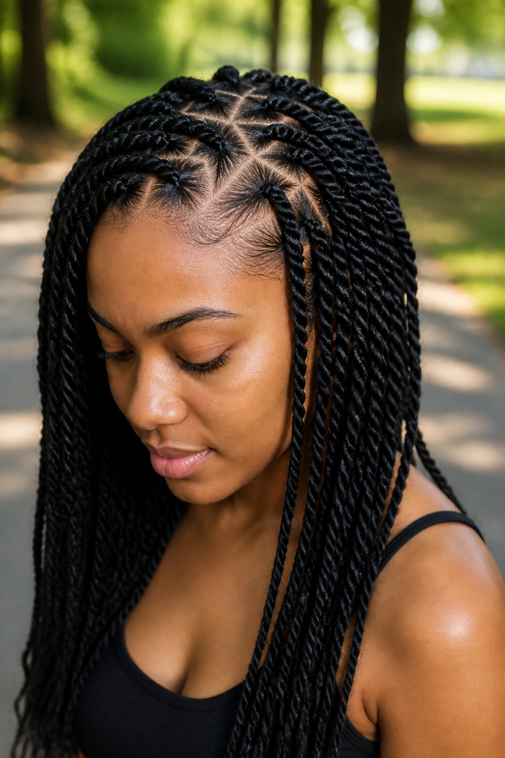 Close-up of a woman with zigzag-part Marley twists in natural daylight.