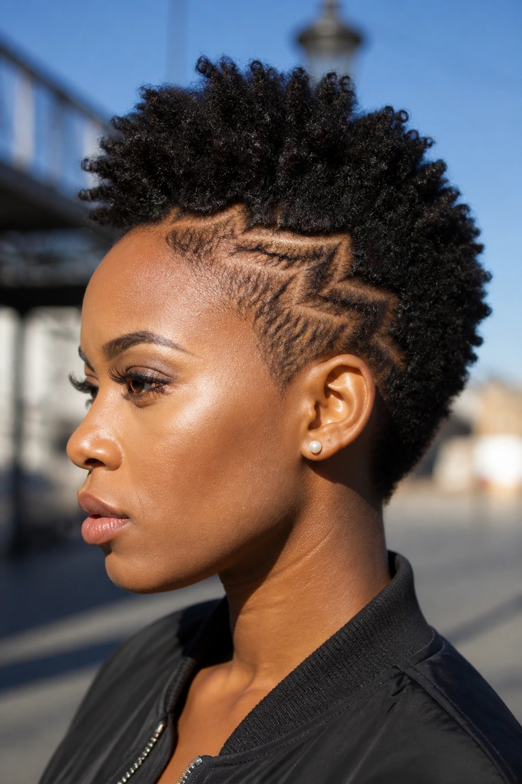 Close-up of a real person with zigzag part mohawk on short hair in daylight