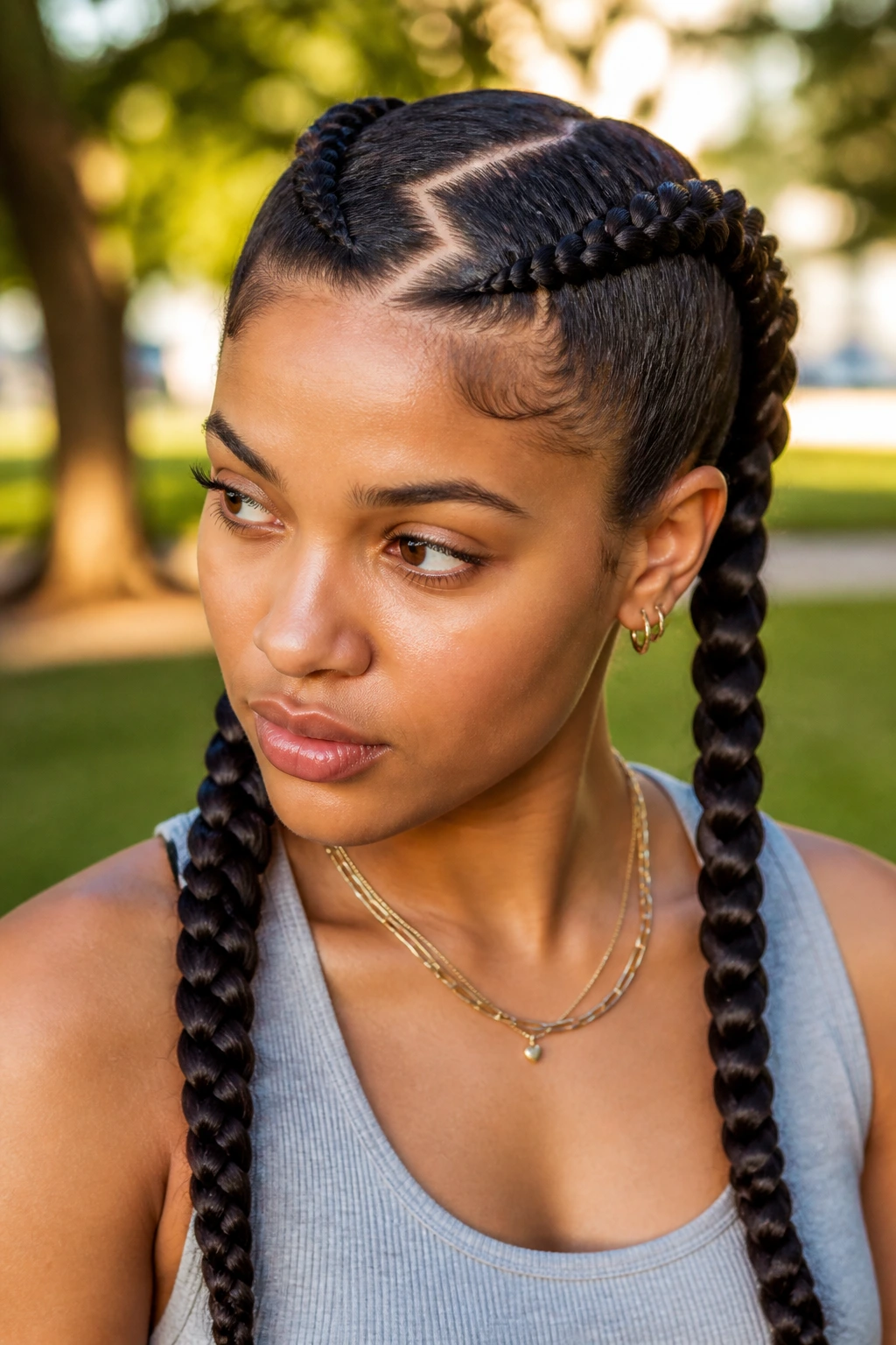 Real woman with zig-zag parted pigtails