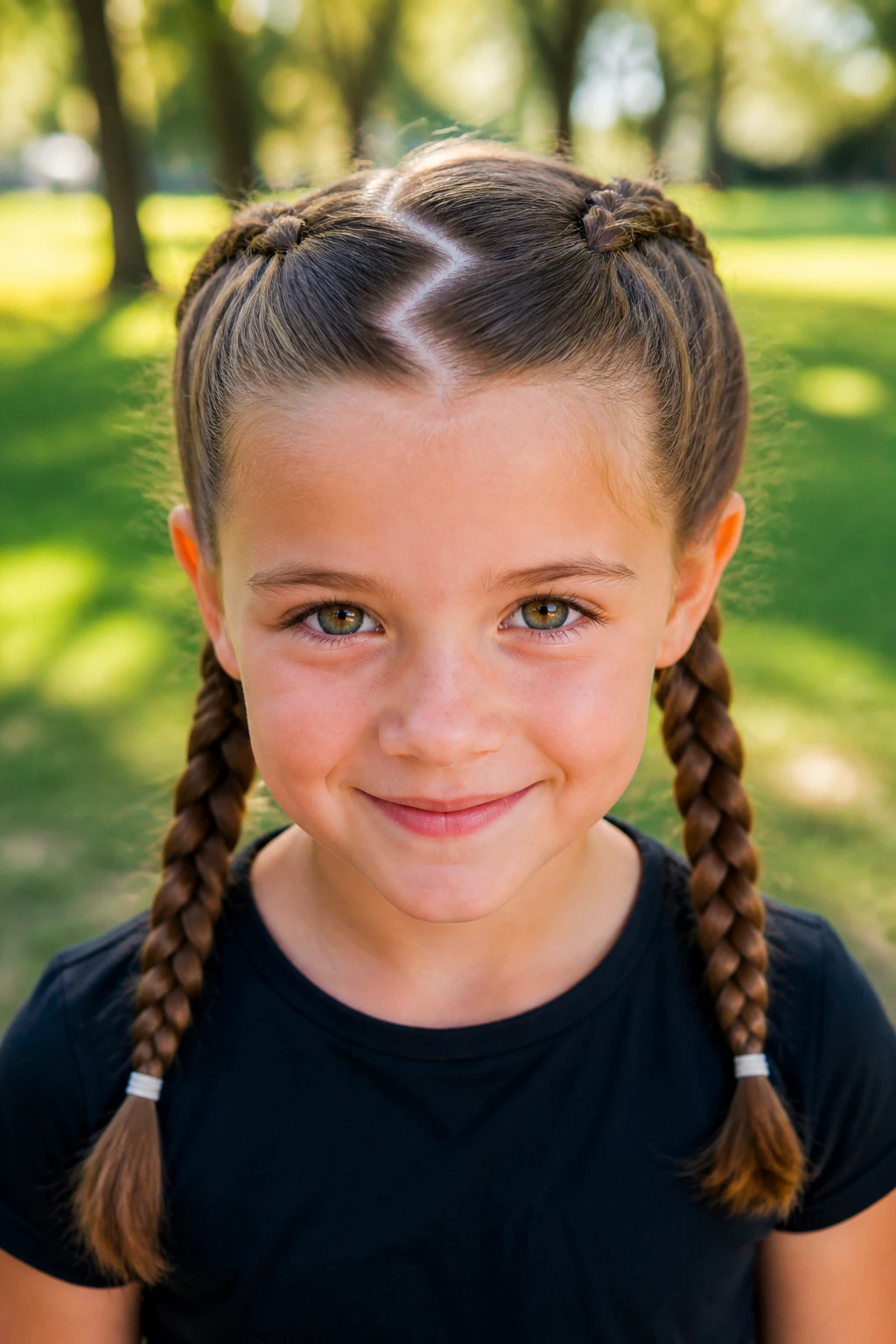 Close-up of a real child with zigzag-parted pigtail braids