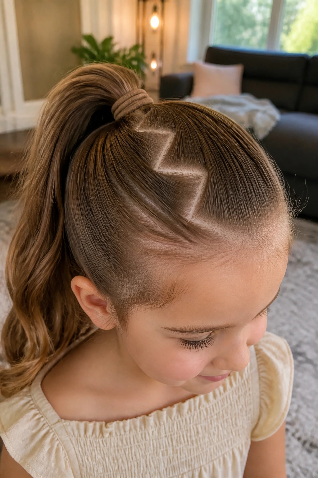 Close-up of child with zigzag-part pony hairstyle showing zigzag scalp line