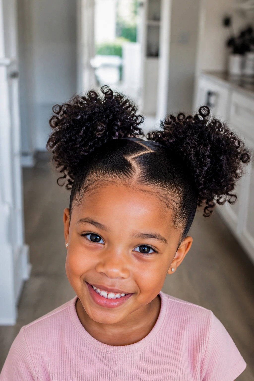 Girl with zig-zag part two-puff hairstyle in bright hallway