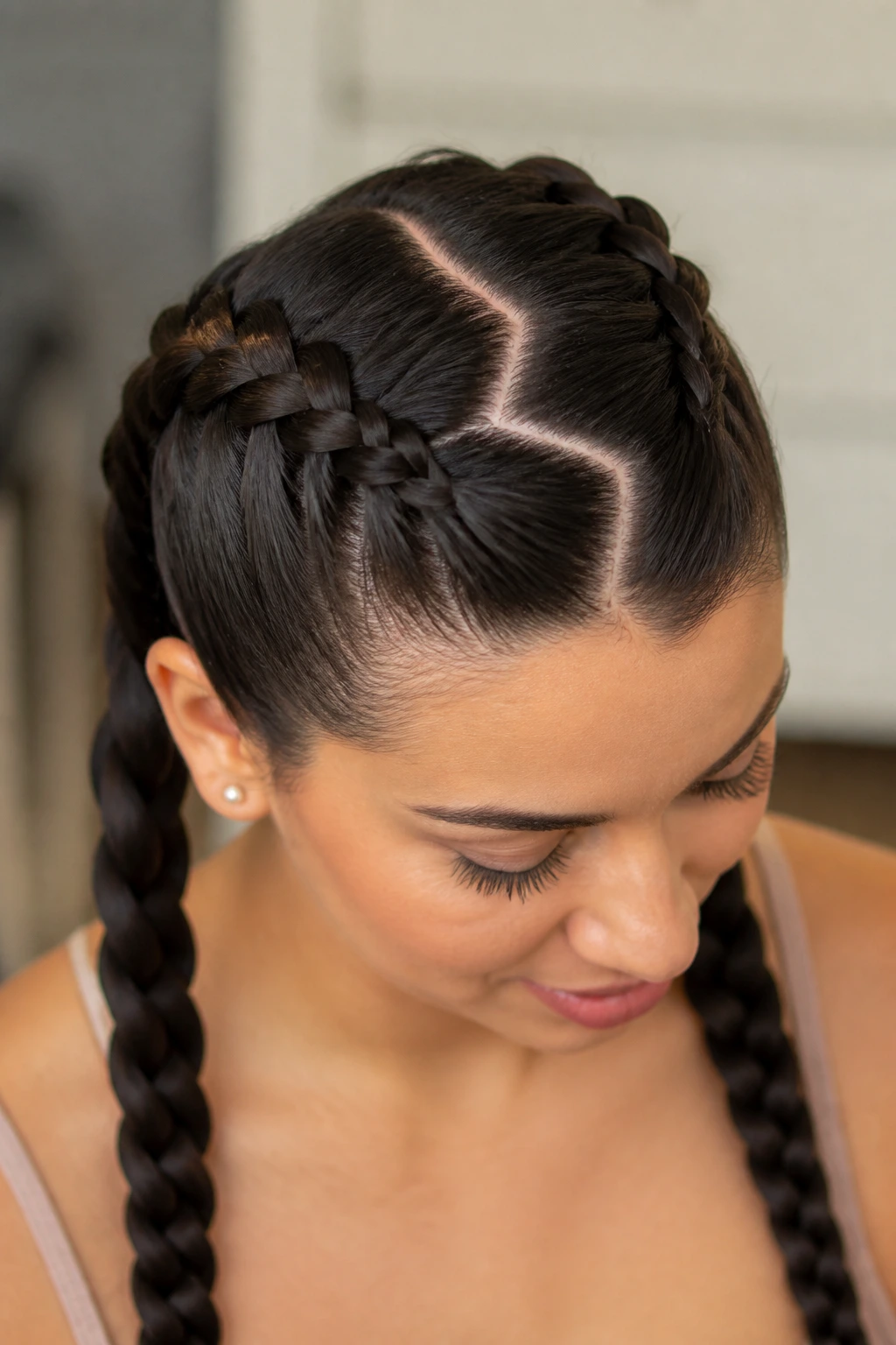 Real person with zigzag-part twin braids in a softly lit room