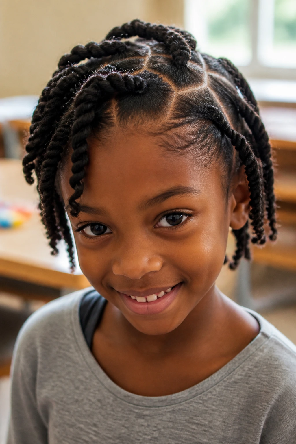 Child with zig zag part twists showing crisp scalp lines