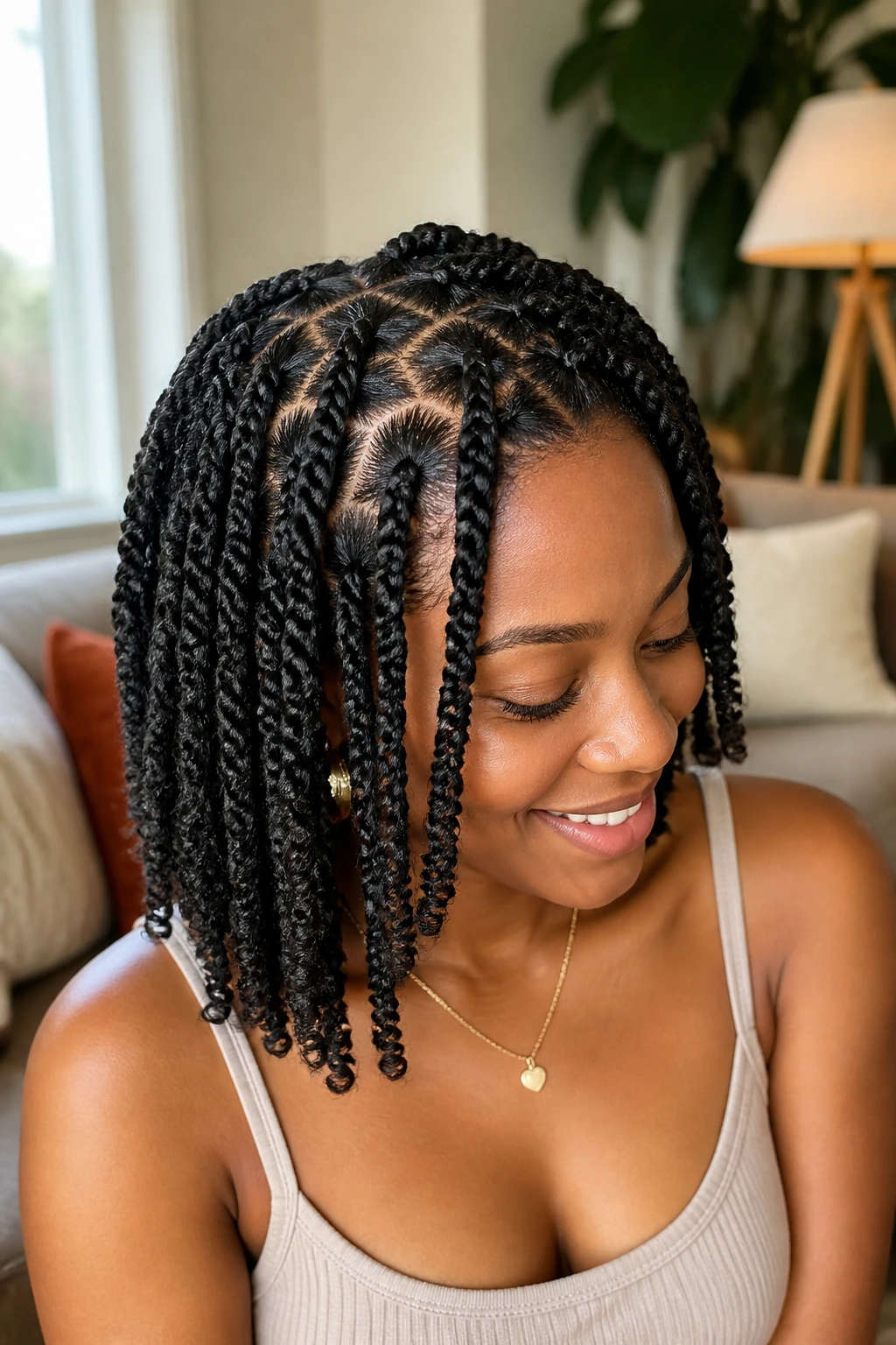 Close-up of real woman with zigzag-part spring twists