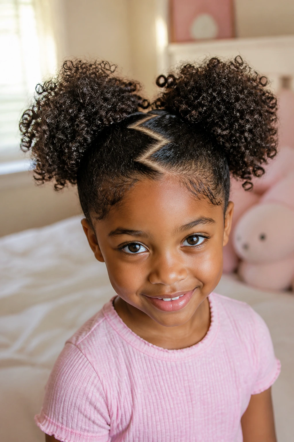 Close-up of a real child girl with a zig-zag part and two puff curls.