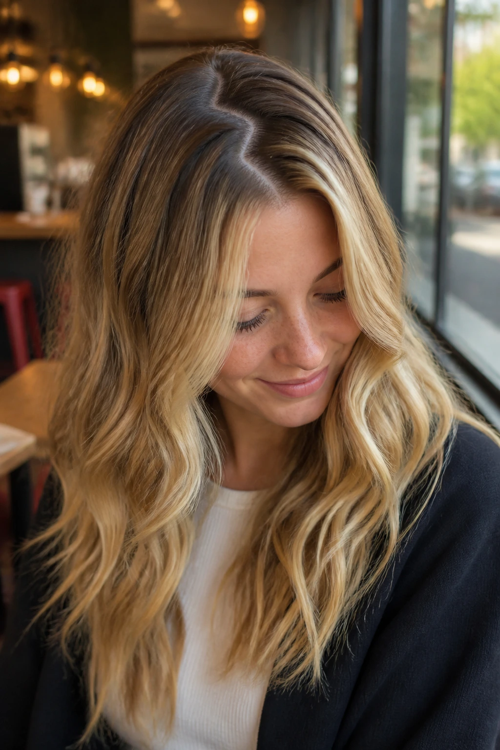 Close-up portrait of a real woman with a zig-zag part and soft waves