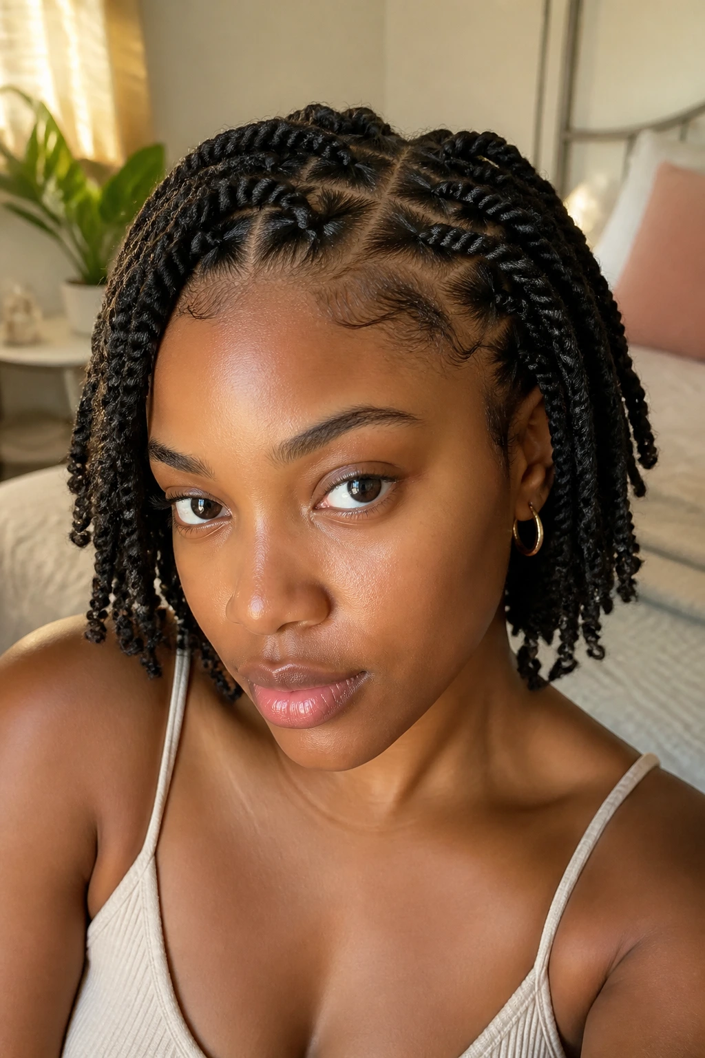 Close-up of a real person with zigzag-part twists and readable scalp parts